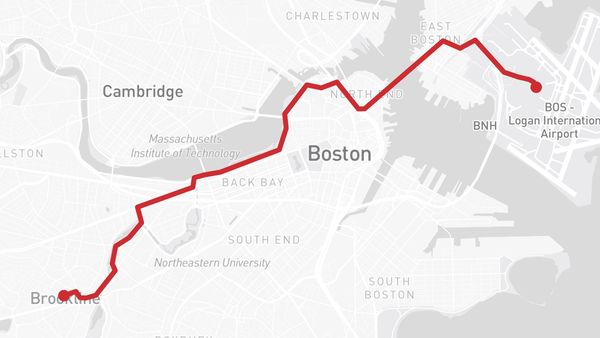 Map from Boston Logan Airport to Brookline, MA