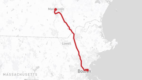 Map from Boston Logan Airport to Manchester, NH